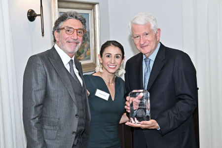 From left: Television producer and co-creator of “The Big Bang Theory” Chuck Lorre, UCLA Dean of Undergraduate Education Adriana Galván and UCLA Chancellor Block celebrate the launch of the UCLA Chuck Lorre Scholars Program.