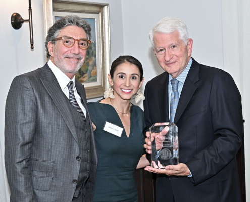 From left: Television producer and co-creator of “The Big Bang Theory” Chuck Lorre, UCLA Dean of Undergraduate Education Adriana Galván and UCLA Chancellor Block celebrate the launch of the UCLA Chuck Lorre Scholars Program.