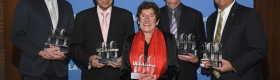 Left to right: UCLA Professor Michael Emmerich (accepting the award on behalf of Tadashi Yanai), Mani L. Bhaumik, Marcie Rothman, Matthew Harris and Peter Taylor at the UCLA College 100 celebration.