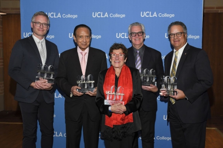 Left to right: UCLA Professor Michael Emmerich (accepting the award on behalf of Tadashi Yanai), Mani L. Bhaumik, Marcie Rothman, Matthew Harris and Peter Taylor at the UCLA College 100 celebration.