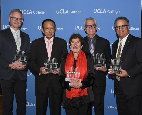 Left to right: UCLA Professor Michael Emmerich (accepting the award on behalf of Tadashi Yanai), Mani L. Bhaumik, Marcie Rothman, Matthew Harris and Peter Taylor at the UCLA College 100 celebration.