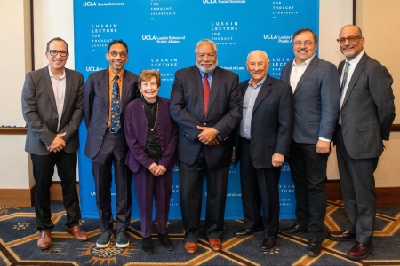 From left: Michael Waterstone, dean of the UCLA School of Law; UCLA Distinguished Professor Robin D. G. Kelley; Renee Luskin; Secretary of the Smithsonian Lonnie G. Bunch III; Meyer Luskin; Miguel García-Garibay, senior dean of the UCLA College and dean of physical sciences; Abel Valenzuela, interim dean of social sciences.