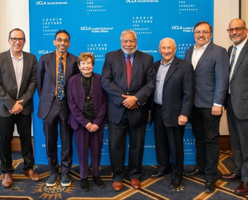 From left: Michael Waterstone, dean of the UCLA School of Law; UCLA Distinguished Professor Robin D. G. Kelley; Renee Luskin; Secretary of the Smithsonian Lonnie G. Bunch III; Meyer Luskin; Miguel García-Garibay, senior dean of the UCLA College and dean of physical sciences; Abel Valenzuela, interim dean of social sciences.