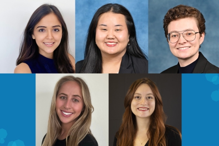 UCLA's inaugural Future of Food Fellows cohort, clockwise from top left: Erika López-Lara, Justine Kim, Maria Trubetskaya, Corinne Smith and Ceci (Rebecca) Cohen.